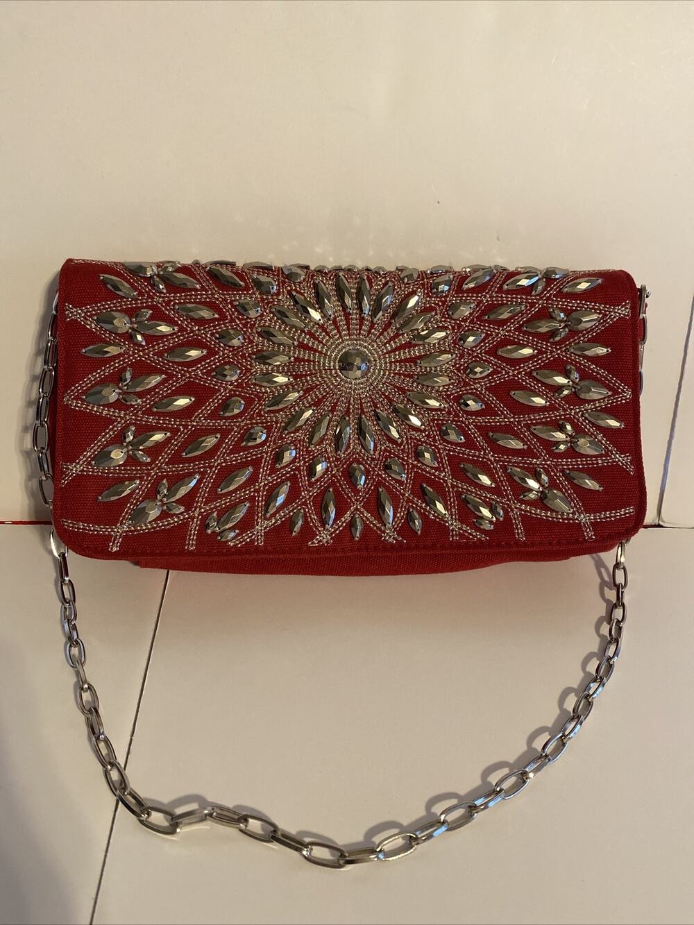 Red Silvertone 2X5X10" White House Black Market Starburst 24" Handle Purse